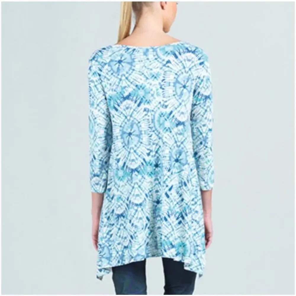 Clara Sun Woo Spring Print Tunic Womens Large Blue Burst High Low Top Lagenlook